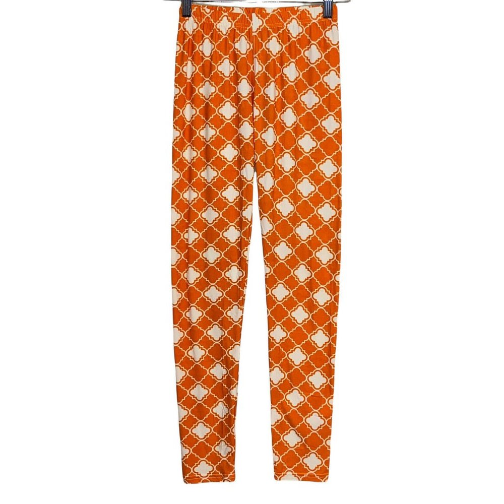 Tween Leggings Girls One Size Geo Print Orange Ivory Buttery Soft Stretch READ